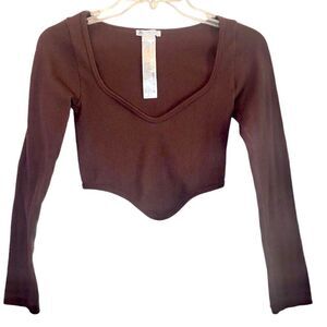 Zara Long Sleeve Ribbed Cropped Top in Brown Women’s M-L